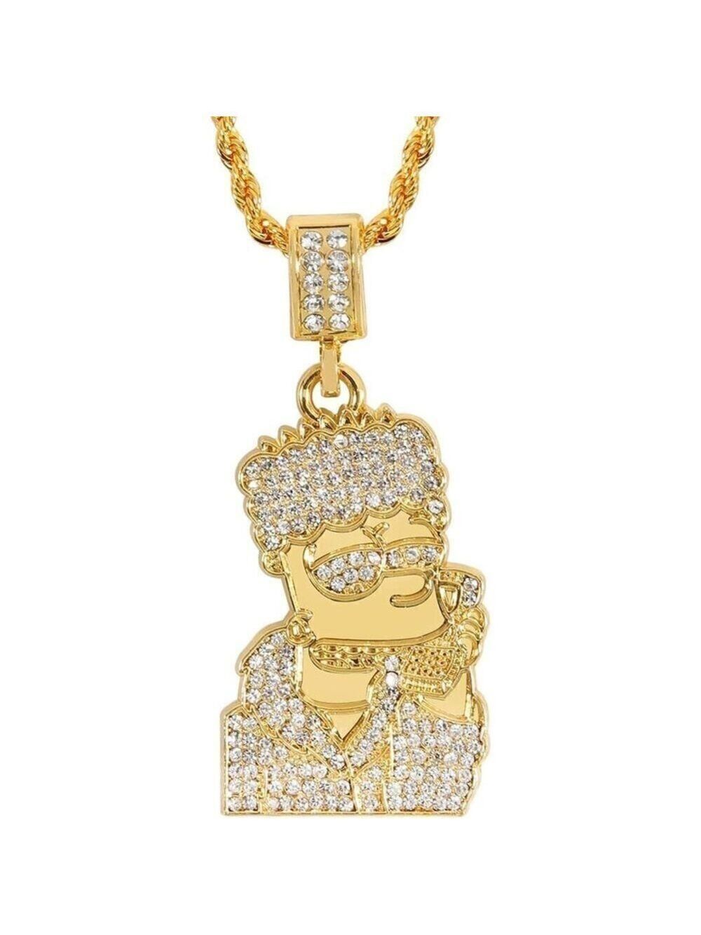 18k Gold Plated CZ Fully Iced Out Cartoon 316L Stainless Steel Pendant Chain NWT